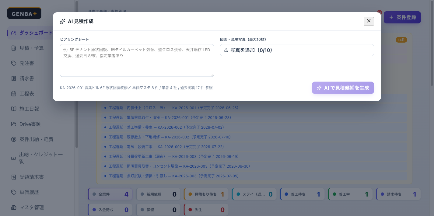 GENBA+ ダッシュボード画面。案件ステータスや工程遅延アラートを一覧表示し、AI見積作成をワンクリックで呼び出せる