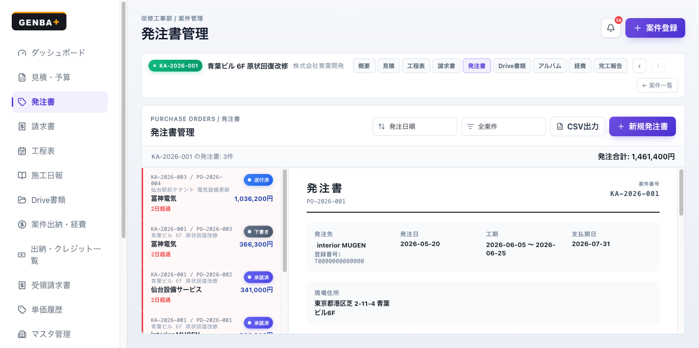 GENBA+ 発注書管理画面。協力業者ごとの発注書一覧とPDF発行